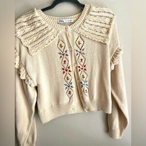 Zara Beige Embroidered Cardigan